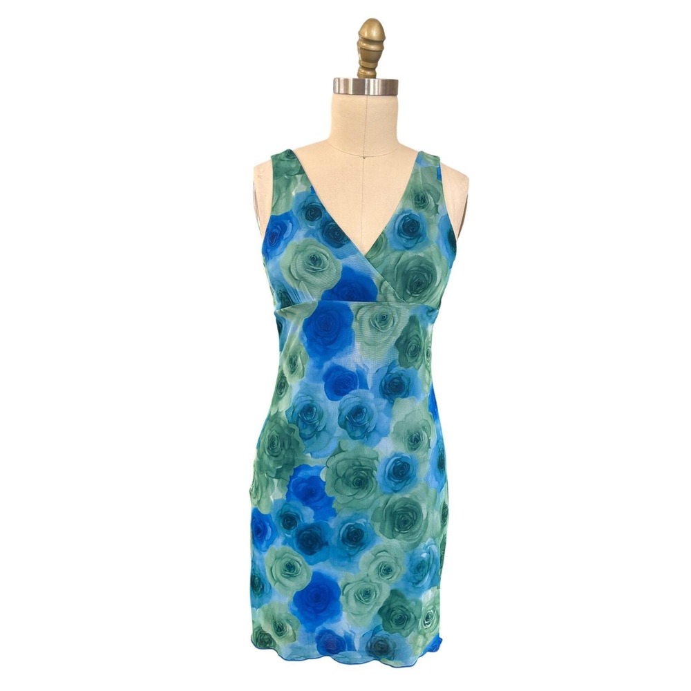 Floral Mesh Faith Passion Sheath Dress V-Neck Lettuce Hem Medium Blue Green Y2K